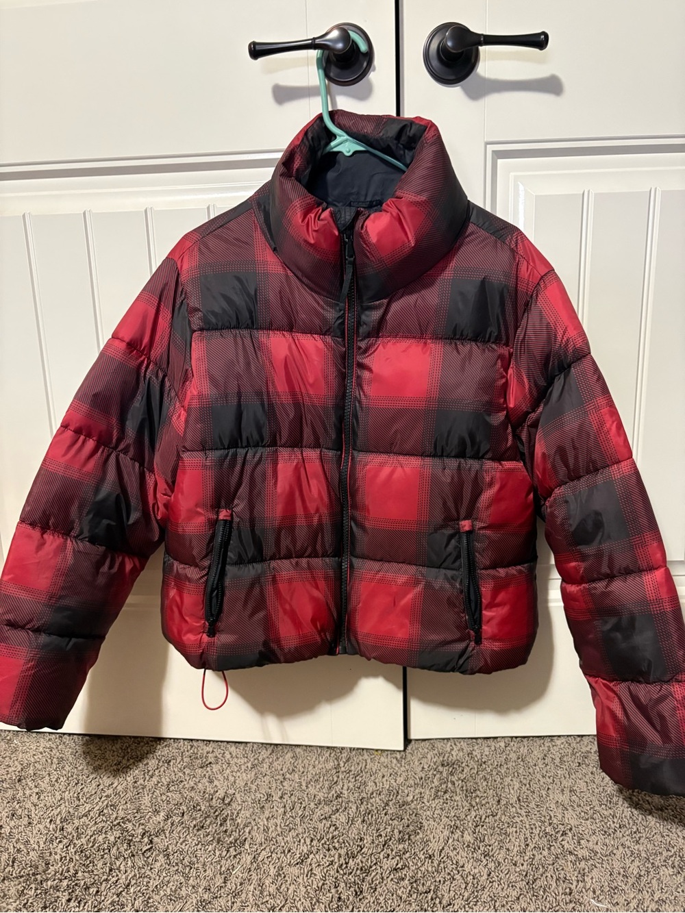 Old Navy Red and Black Plaid Puffer Jacket